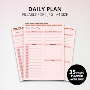 May include: A stack of pink daily planner pages with the text "DAILY PLAN" and "Plan Your Day". The pages include sections for to-do lists, schedules, and notes. The image also includes a black circle with the text "35 PAGES PLANNER AVAILABLE".