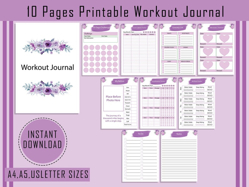 Workout Journal Printable, Minimalist Editable 10 Pages Workout Tracker, A4, A5, US Letter, PDF ...