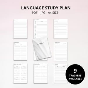 May include: A collection of white language study plan sheets with the text "LANGUAGE STUDY PLAN" and "PDF | JPG - A4 SIZE". The image includes a notebook with the text "STUDENT STUDY" and a black circle with the text "9 TRACKERS AVAILABLE".