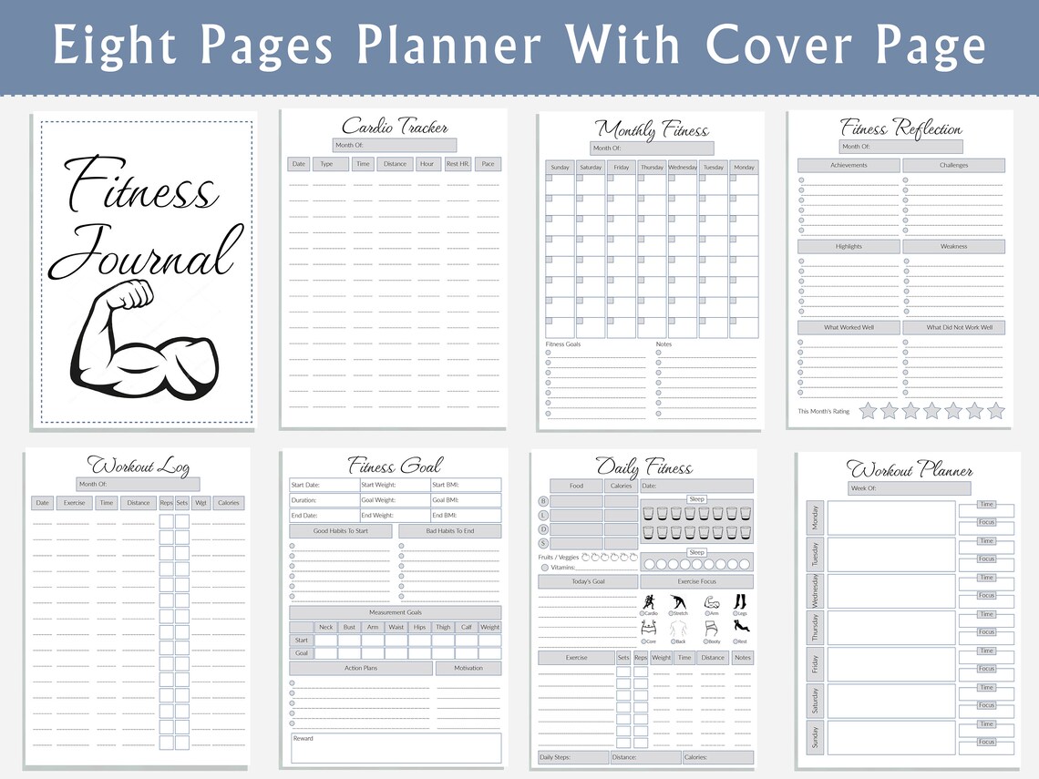 Fitness Journal Printable, Minimalist Editable 9 Pages Fitness Tracker ...