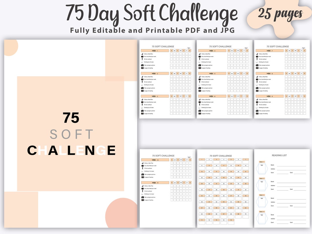 75 Soft Challenge Tracker Printable Editable,soft Challenge 75,75 Easy ...