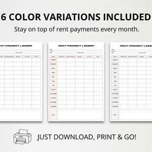 May include: Three rent payment ledger templates in different colour schemes: lavender, peach, and light green. Each template includes fields for month, amount due, paid, balance, and notes. Text at the top reads "6 COLOR VARIATIONS INCLUDED" and "Stay on top of rent payments every month."