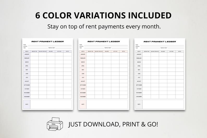 May include: Three rent payment ledger templates in different colour schemes: lavender, peach, and light green. Each template includes fields for month, amount due, paid, balance, and notes. Text at the top reads "6 COLOR VARIATIONS INCLUDED" and "Stay on top of rent payments every month."