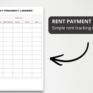 May include: A white rent payment ledger with pink accents and a black arrow pointing towards it. The ledger includes fields for name, address, year, and monthly rent, with sections for each month and columns for amount due, received, balance, late fees, and notes. Text on the right says "RENT PAYMENT LEDGER Simple rent tracking made easy."