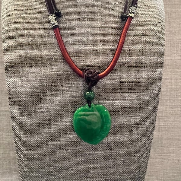 100% Natural Green Jade "Romance Catcher" Heart Pendant w/ Jade Bead on Adjustable Silk Cord Necklace