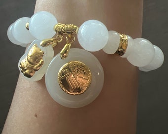 Natural White Jade Gemstone with FengShui 24k Inlaid Gold Lucky Coin and Cat Charm (w/ Certificate) Bracelet