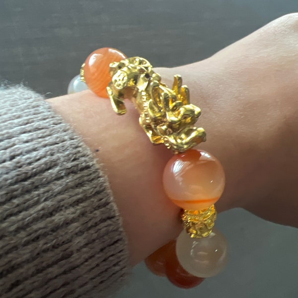 Natural Carnelian Agate Gemstone 14mm w/ FengShui Lucky Alluvial Gold Plated Pi Xiu or Pi Yao Bracelet