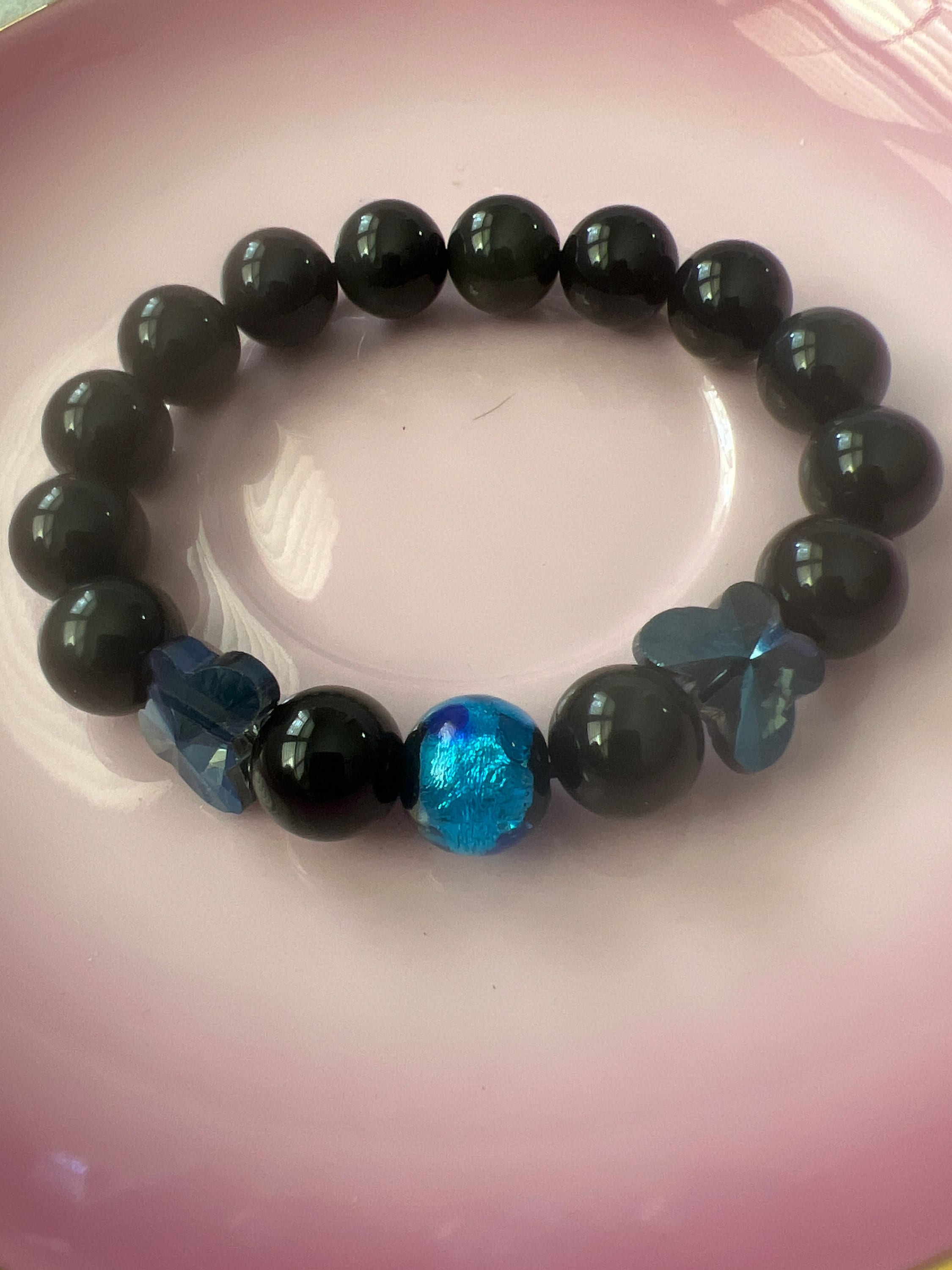 Obsidian Gemstone W/ Okinawa Japan Hotaru Glass and