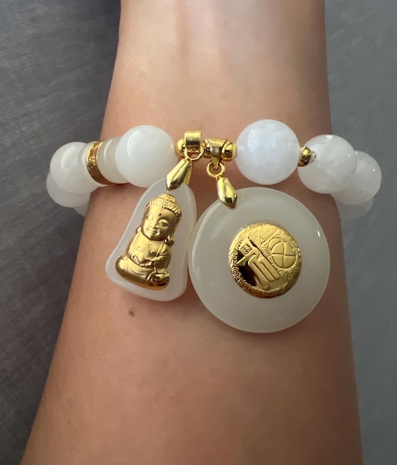 Natural White Jade Gemstone With Fengshui 24k Inlaid Gold Lucky