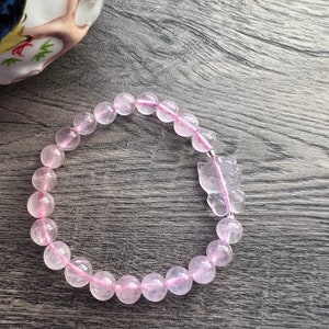 Genuine Beautiful Rose Quartz Gemstone w/ Small Cat Charm Bracelet UNISEX/Women/Men