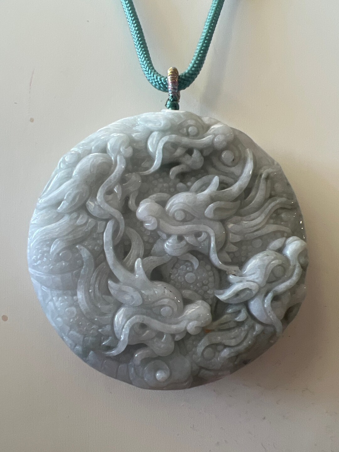 Unique Burmese Jadeite Jade 2 Sided Carved 9 Headed Dragon Pendant on