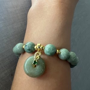 Genuine Burmese Jadeite Jade Bead 9mm w/ Jade Feng Shui Lucky Coin Charm Bracelet attracts Luck and Wealth