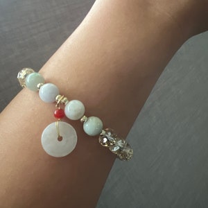 100% Natural Genuine Burmese Jade Jadeite 7mm Beads Gemstone w/ Crystals and Dainty Jade Feng Shui Lucky Coin Charm Bracelet