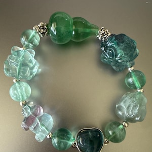 Unique Custom Made Fluorite Crystal Gemstones FengShui Lucky Charm Bracelet.  Hulu, Lotus Flower, PiXiu, Nine-Tailed Fox, Rabbit, and Heart.