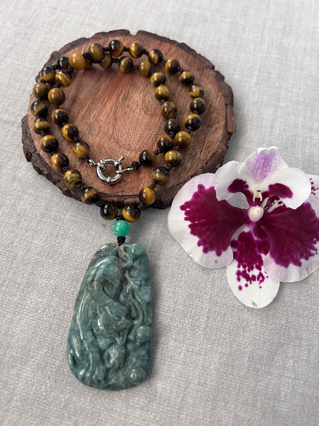 Burmese Jadeite Jade Carved Tiger Pendant on Natural Tiger's Eye 8mm ...
