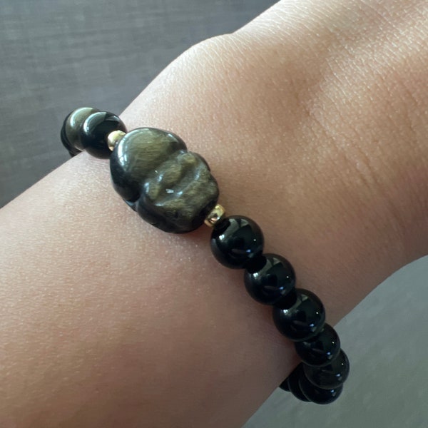 Genuine Beautiful Golden Obsidian 6mm Gemstone w/ Small Feng Shui Lucky PiXiu or PiYao  Bracelet attracts Wealth and Luck UNISEX/Women/Men
