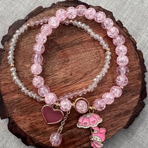 2 Piece Acrylic Pink Crystal Beaded Stackable Bracelets with Inspired Rabbit and Heart Charm