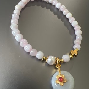 Genuine Beautiful Genuine Light Pink Jadeite Jade Gemstone w/ Small Jade ucky Coin Charm Bracelet