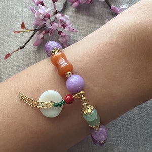 Beautiful Genuine Lavender Jade Gemstone 8mm w/ Dainty Jade Lucky Coin Charm Bracelet