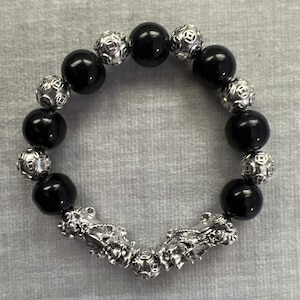 Obsidian Stone w/ Silver PiXiu/PiYao and  Silver Lucky Beads Bracelet Attracts Wealth & Luck Unisex/Female/Male