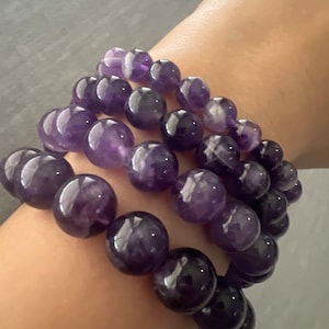 Natural Dark Purple Amethyst Crystal Quartz Gemstone Beaded Stretch Bracelet | Unisex | February Birthstone | Calming & Protective Energy