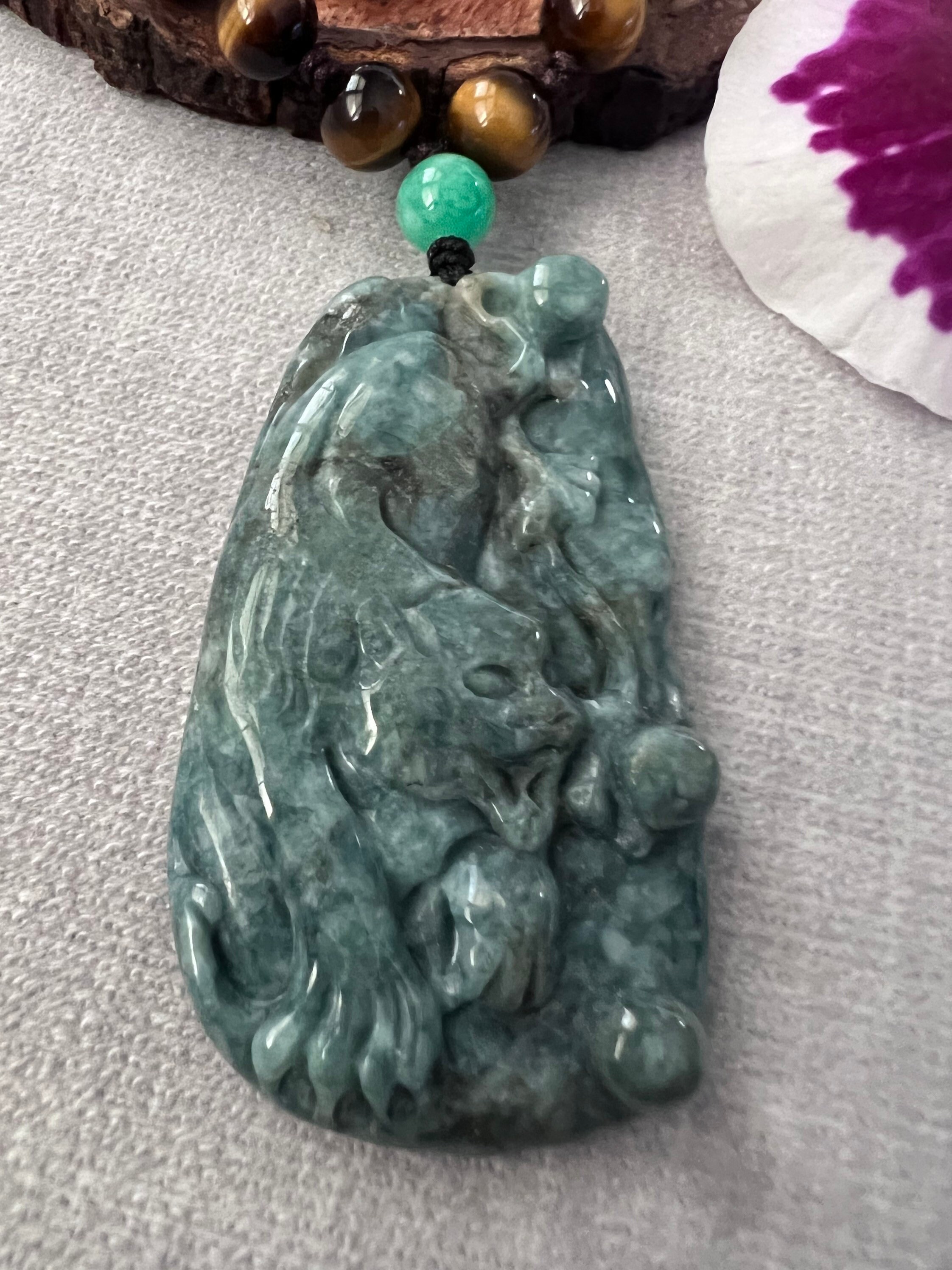 Burmese Jadeite Jade Carved Tiger Pendant on Natural Tiger's Eye 8mm ...