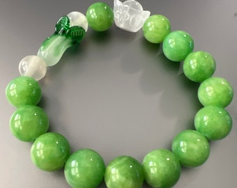 Genuine Apple Green Malaysian Jade Bead 12mm w/ Feng Shui Selenite Wealth Ship and Cabbage.  Symbolizes Wealth, Healing, and Prosperity.