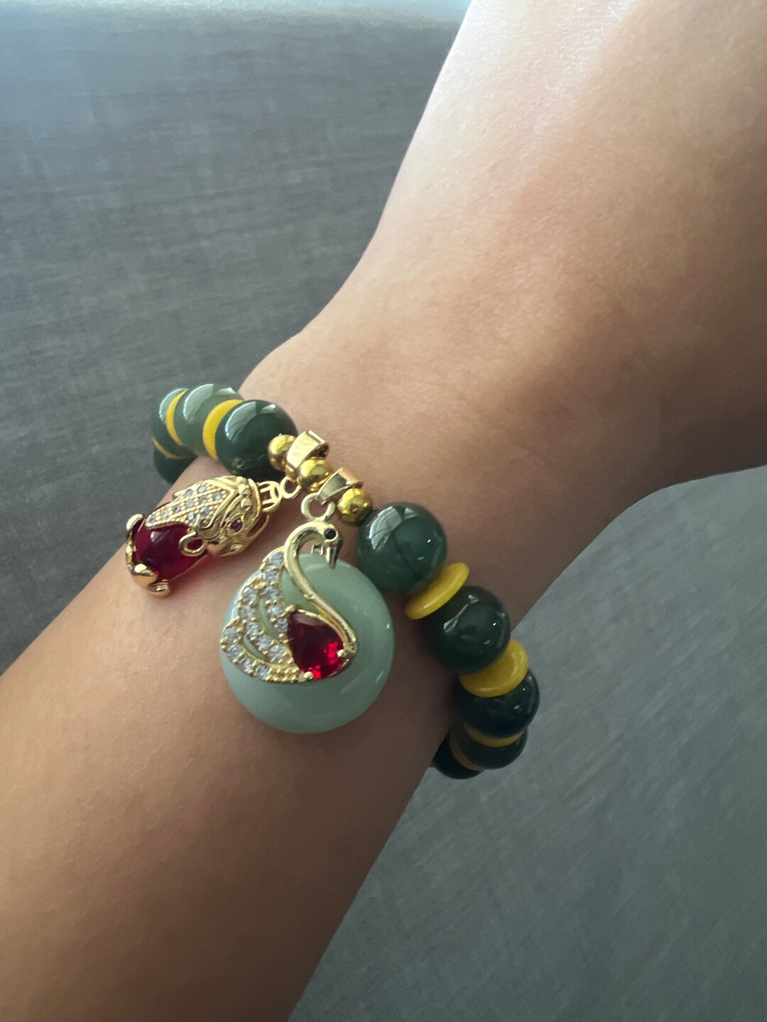 Genuine Spinach Green Jadeite Jade Bead 9mm W/ Lucky Coin & Pixiu