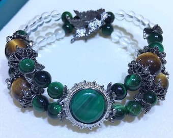 Custom Made Unique Natural Malachite, Tiger Eye, Clear Quartz Crystal Gemstone Beaded Bracelet