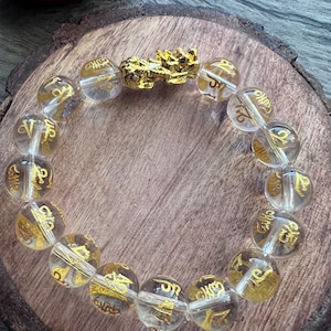 Clear Crystal Quartz Buddhism Golden Om Mani Padme Hum Mantra Bead 10mm w/ Lucky Feng Shui Pixue  Bracelet UNISES/Women/Men