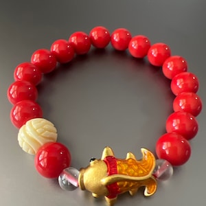 Beautiful Red Agate 10mm Beads Gemstone w/ Feng Shui Lucky Koi Fish Attracts Luck, Wealth, Abundance, and Prosperity
