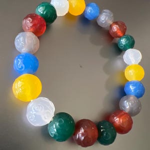 Unique Beautiful Natural Colorful YanYuan Agate Crystal Gemstone Carved  Beads Stretchable Bracelet
