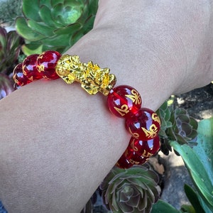 Red Crystal Buddhism Golden Om Mani Padme Hum Mantra Bead 12mm w/ Lucky Feng Shui Pixue  Bracelet UNISES/Women/Men