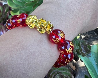 Red Crystal Buddhism Golden Om Mani Padme Hum Mantra Bead 12mm w/ Lucky Feng Shui Pixue  Bracelet UNISES/Women/Men