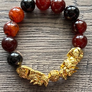 Red Agate Gemstone Bead Bracelet w/ 2 24k Overlay Gold PiXiu or PiYao Attracts Wealth & Luck