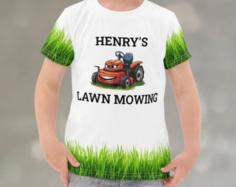 Personalized Kids Lawn Mowing T-Shirt: Custom Text with a Red Riding Tractor Lawn Mower