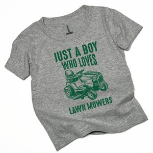 Funny kids lawn mower shirt, Just a Boy Who Loves Lawn Mowers, youth and toddler t-shirt with riding lawn mower, lawn mowing gifts for boys