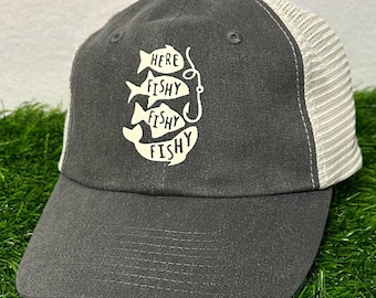 Here Fishy Fishy Fishy Fishing Hat, Adjustable Snapback Cap Gift for Fishing Enthusiasts