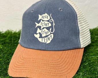 Here Fishy Fishy Snapback Fishing Hat, Angler Gift