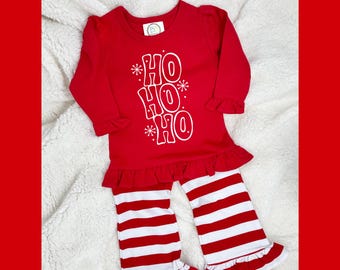 Girl's Christmas Outfit, Ruffled Shirts and Pants, Fun Holiday Designs