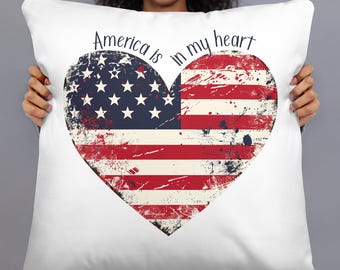 Rustic American Flag Heart Pillow, Patriotic USA Home Decor