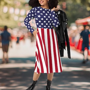 American Flag Women&#39;s Midi Dress, American Pride, Patriotic Dress, 4th of July Outfit, Stars and Stripes, Red White and Blue, USA Clothing