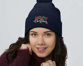 Embroidered Merry Christmas Pom-Pom Beanie: Colorful Holiday Knit Hat