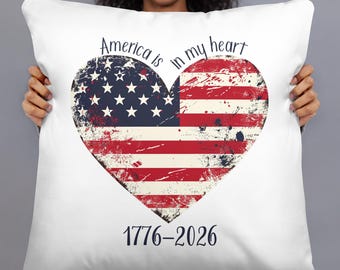 Rustic American Flag Heart Pillow, USA 250th Anniversary, Semiquincentennial 1776-2026