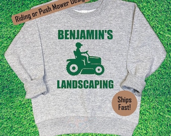 Funny kids personalized lawn mowing landscaping sweatshirt, youth or toddler, riding lawn mower, kids gifts, gift for lawn care fans