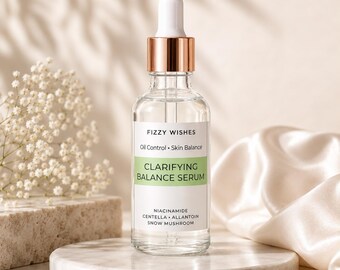 Clarifying Balance Serum, lightweight, non greasy, skin supporting ingredients. Niacinamide, Snow Mushroom, Centella, Floral Waters, Teatree