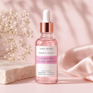 May include: A pink glass bottle of "Hydrating Glow Serum" with a white label and rose gold accents. The label includes the brand name "Fizzy Wishes" and the words "Hydration • Radiance". The serum contains Niacinamide, Panthenol, Centella, Green Tea, and Allantoin.