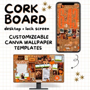 Peut inclure: Un design numérique de tableau de liège avec les mots "CORK BOARD" en grandes lettres noires. Le design comprend des modèles d'écran de bureau et de verrouillage. L'image montre un écran d'ordinateur et un téléphone affichant le design du tableau de liège, décoré de photos et du texte "October".