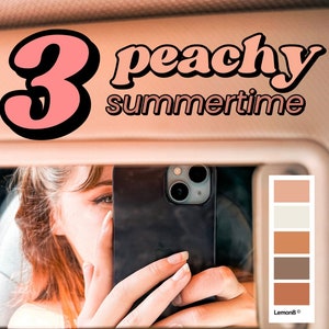 Peut inclure: Image avec le texte "3 peachy summertime" dans une police rétro, avec une personne tenant un smartphone noir. L'image comprend également le texte "Lightroom presets" et une palette de couleurs.
