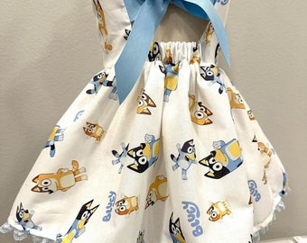 Blue dog Bluey bingo inspired toddler dress custom birthday party dress several fabrics theme party dress dog dress blue show dress bingo